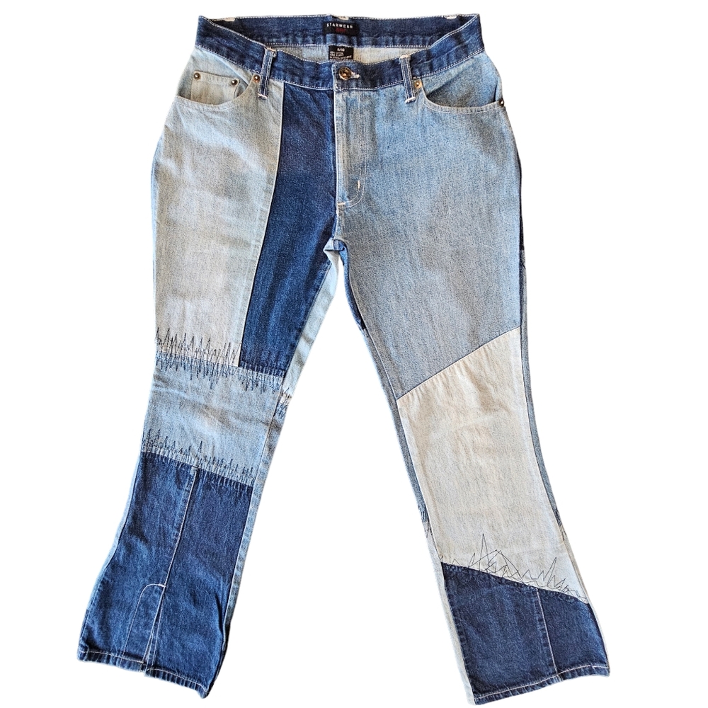 Retro Starwear Med Rise Colorblock Boot Cut Zip Front Accent Stitching Jeans